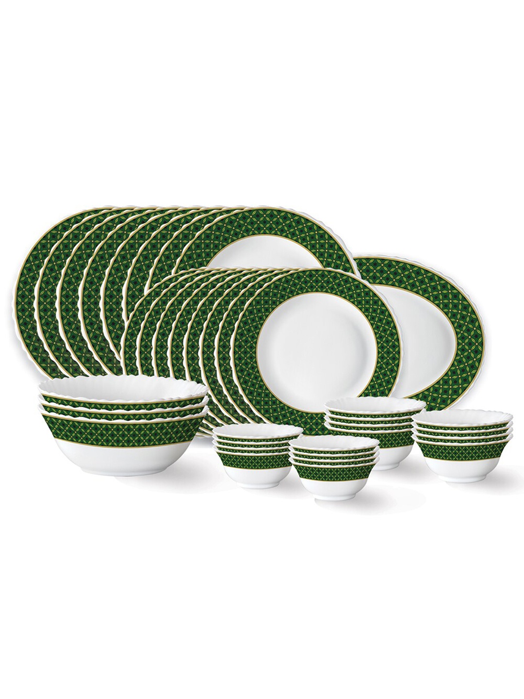 

Larah by BOROSIL Fluted White & Green 36 Pieces Printed Opalware Glossy Dinner Set