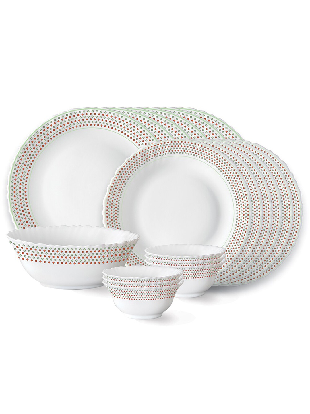 

Larah by BOROSIL Fluted 19 Pieces White & Red Printed Opalware Glossy Dinner Set