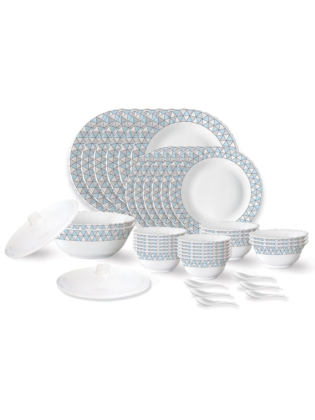 

Larah by BOROSIL Fluted 40 Pieces White & Blue Geometric Printed Opalware Dinner Set