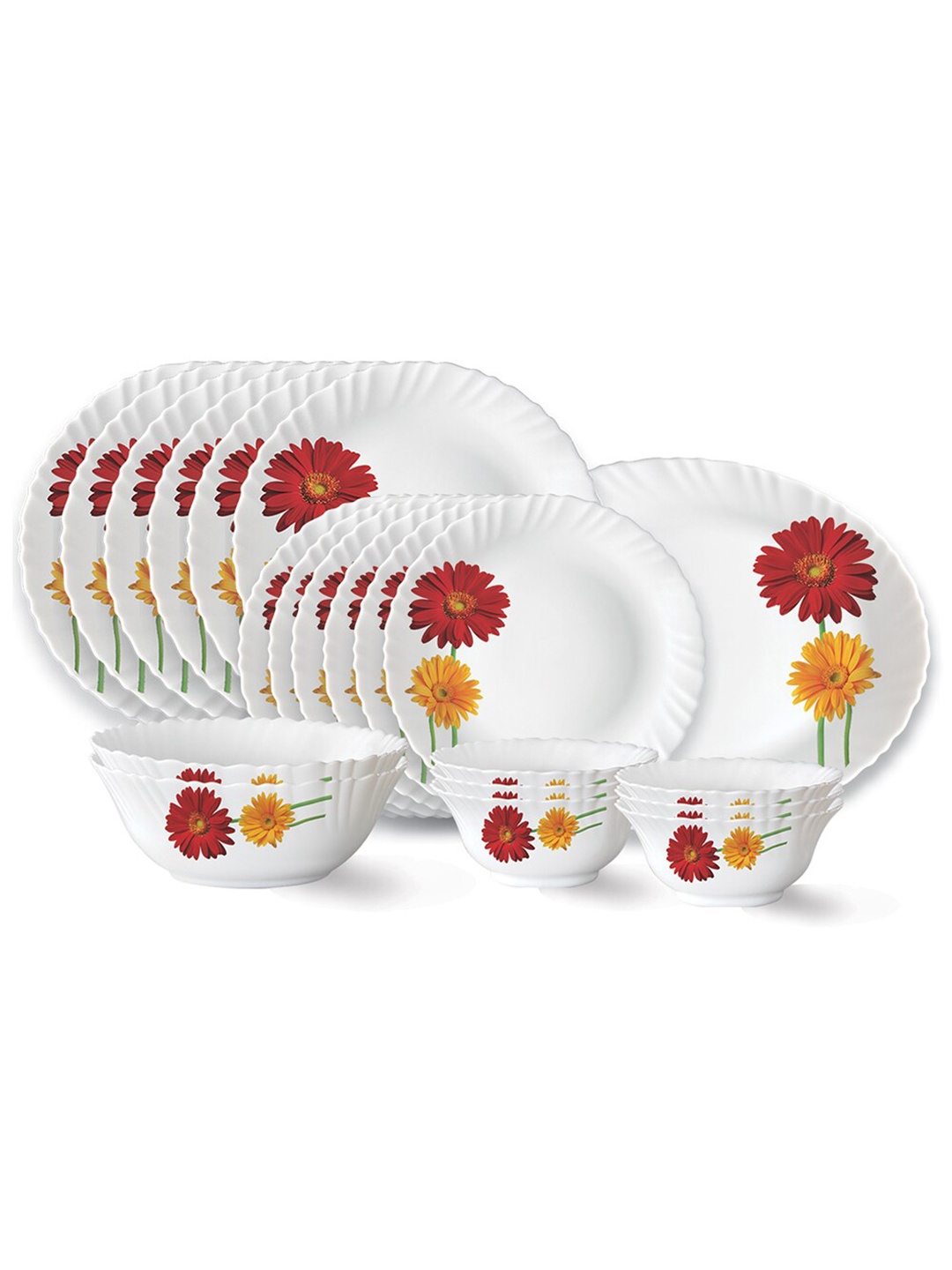 

Larah by BOROSIL Fluted 21 Pieces White & Red Floral Printed Opalware Glossy Dinner Set