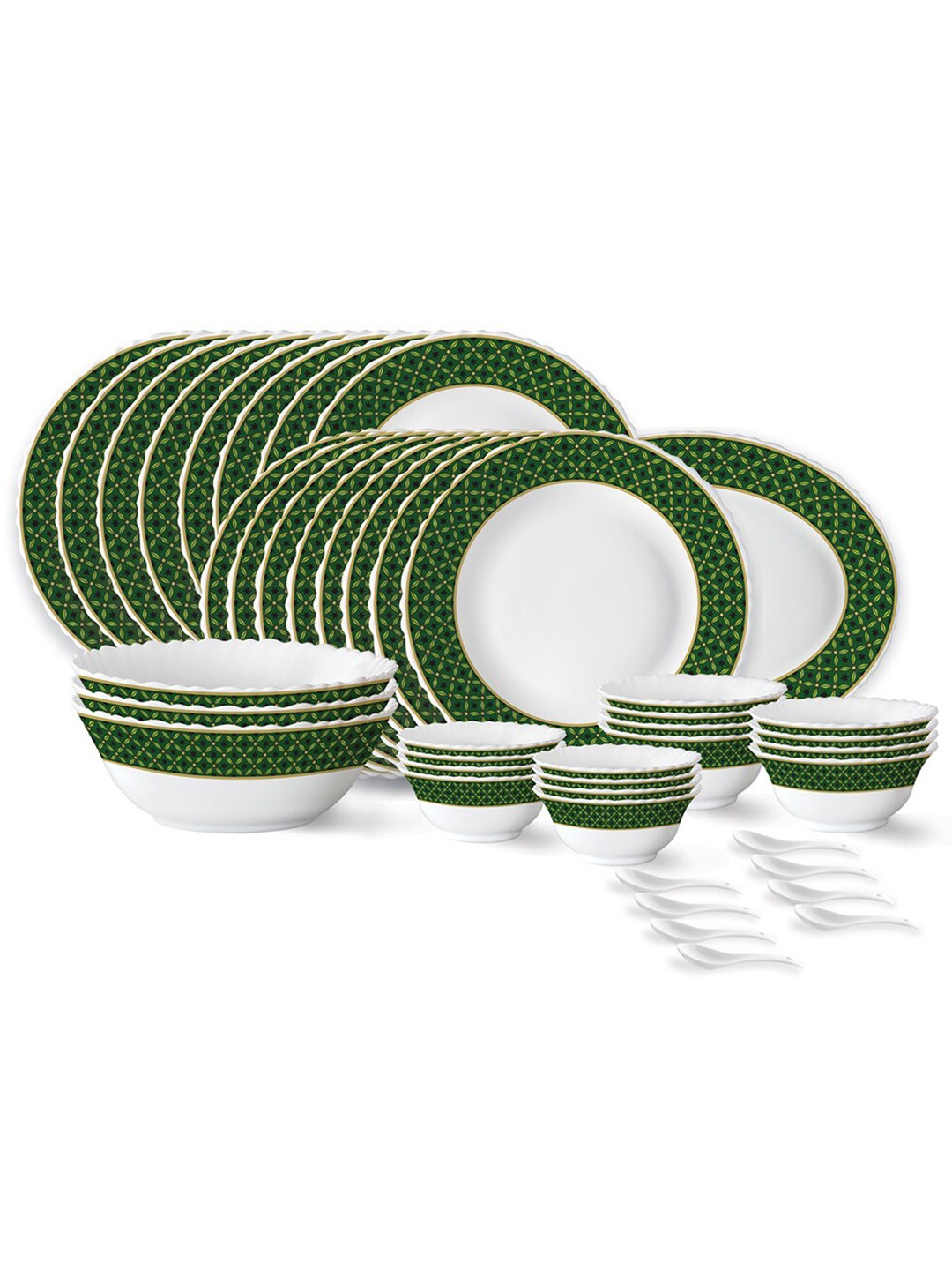 

Larah by BOROSIL White & Green 44 Pieces Ethnic Motifs Printed Opalware Glossy Dinner Set