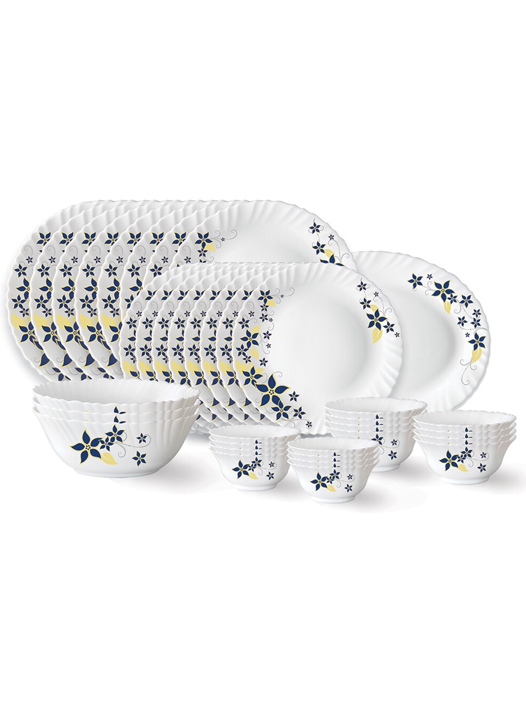 

Larah by BOROSIL White & Blue 36 Pieces Floral Printed Opalware Glossy Dinner Set