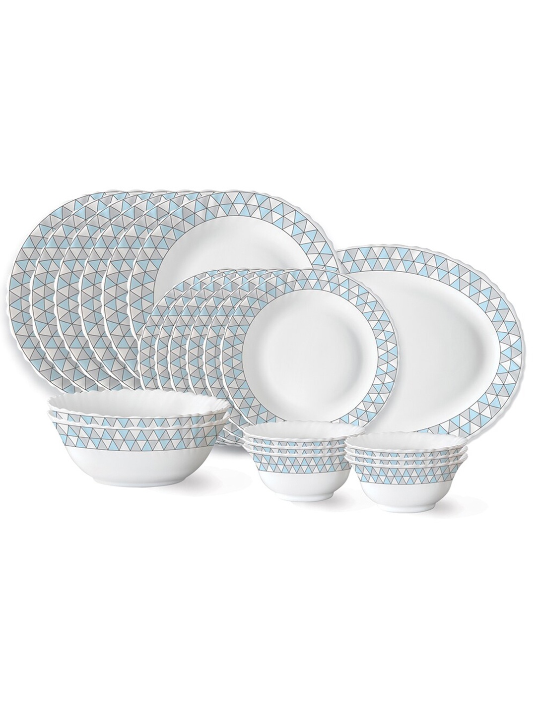 

Larah by BOROSIL White & Blue 21 Pieces Geometric Printed Opalware Matte Dinner Set