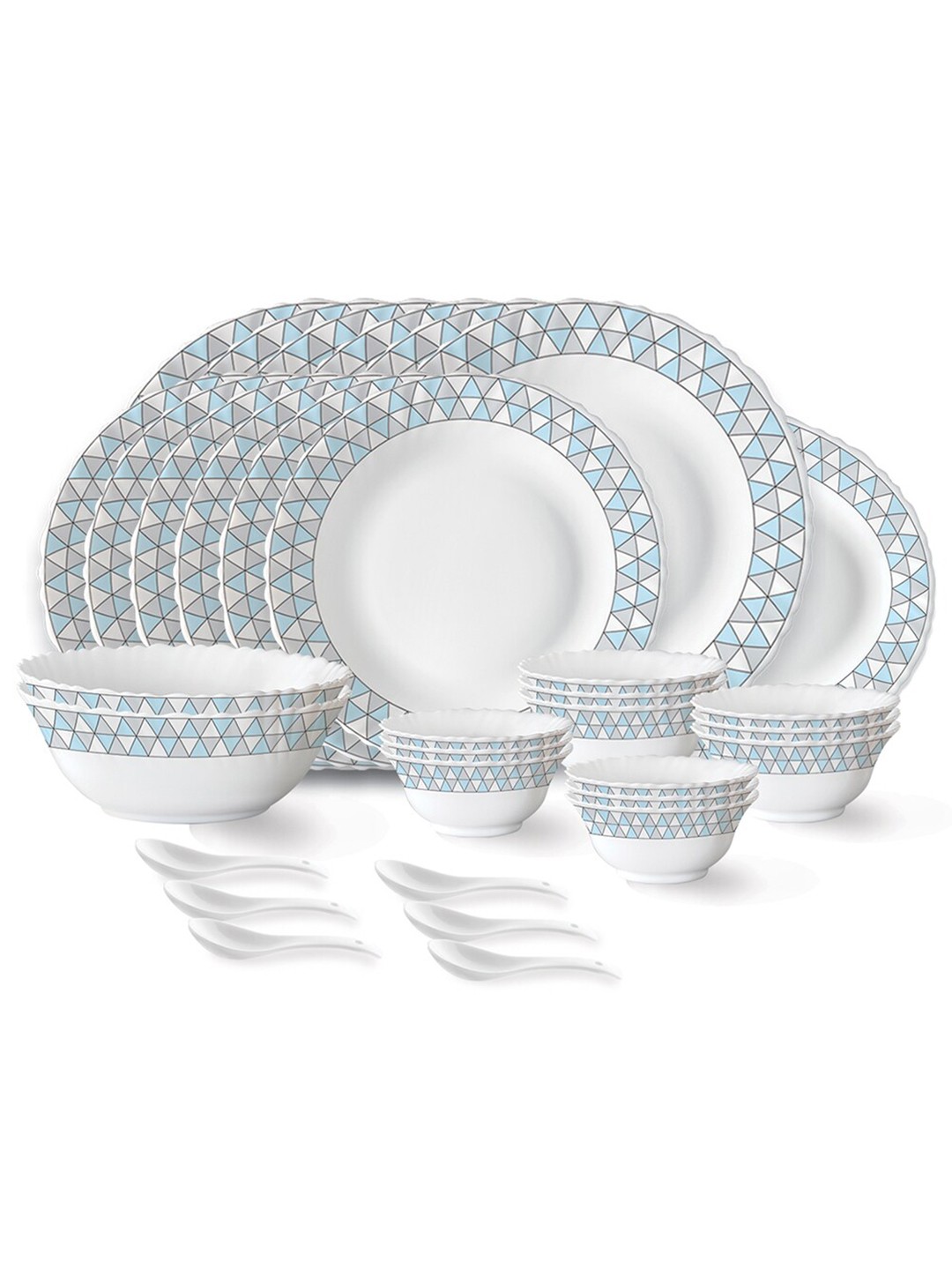 

Larah by BOROSIL White & Blue 33 Pieces Geometric Printed Opalware Matte Dinner Set
