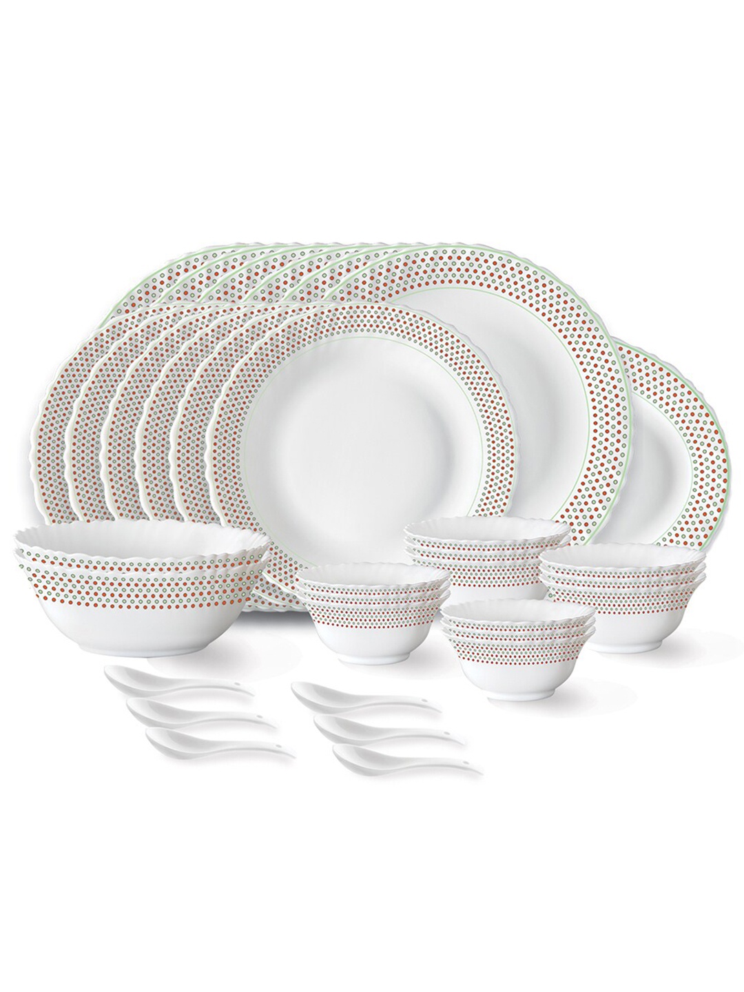 

Larah by BOROSIL White & Red 33 Pieces Printed Opalware Glossy Dinner Set