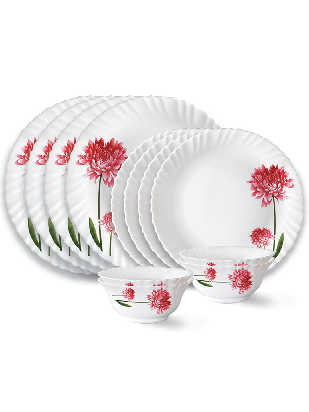 

Larah by BOROSIL White & Red 12 Pieces Floral Printed Opalware Glossy Dinner Set