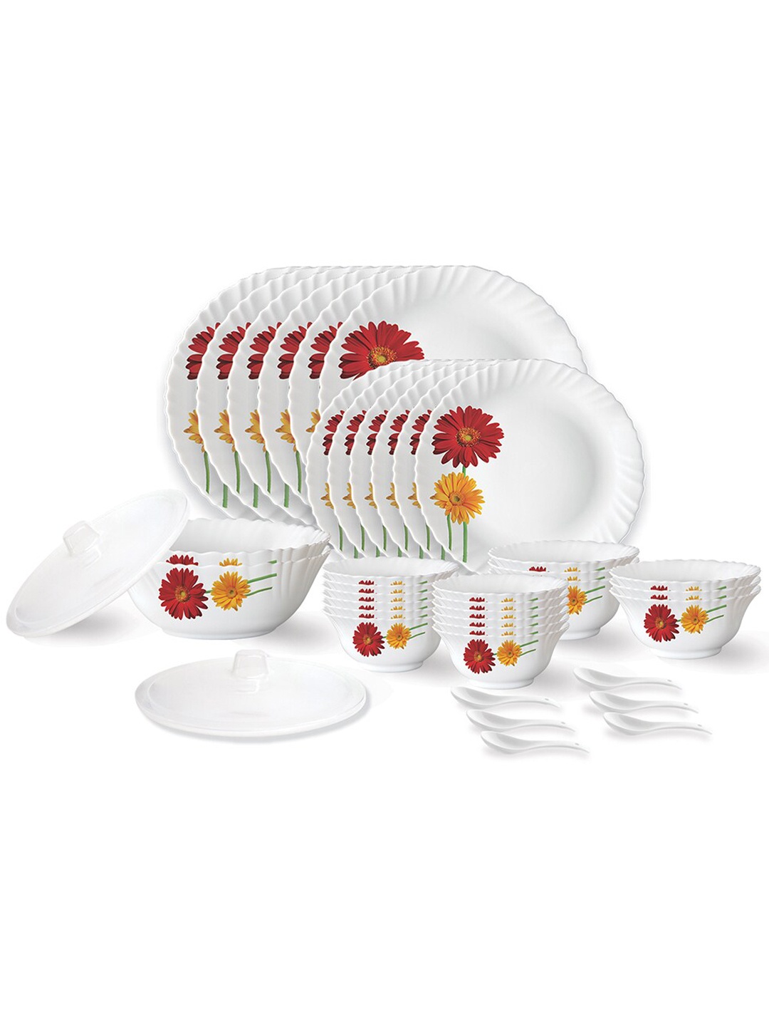 

Larah by BOROSIL White & Red 44 Pieces Floral Printed Opalware Glossy Dinner Set