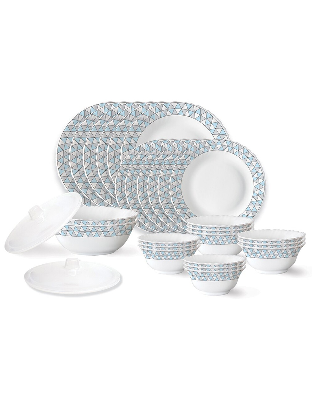 

Larah by BOROSIL Fluted White & Blue 28 Pieces Geometric Printed Opalware Matte Dinner Set