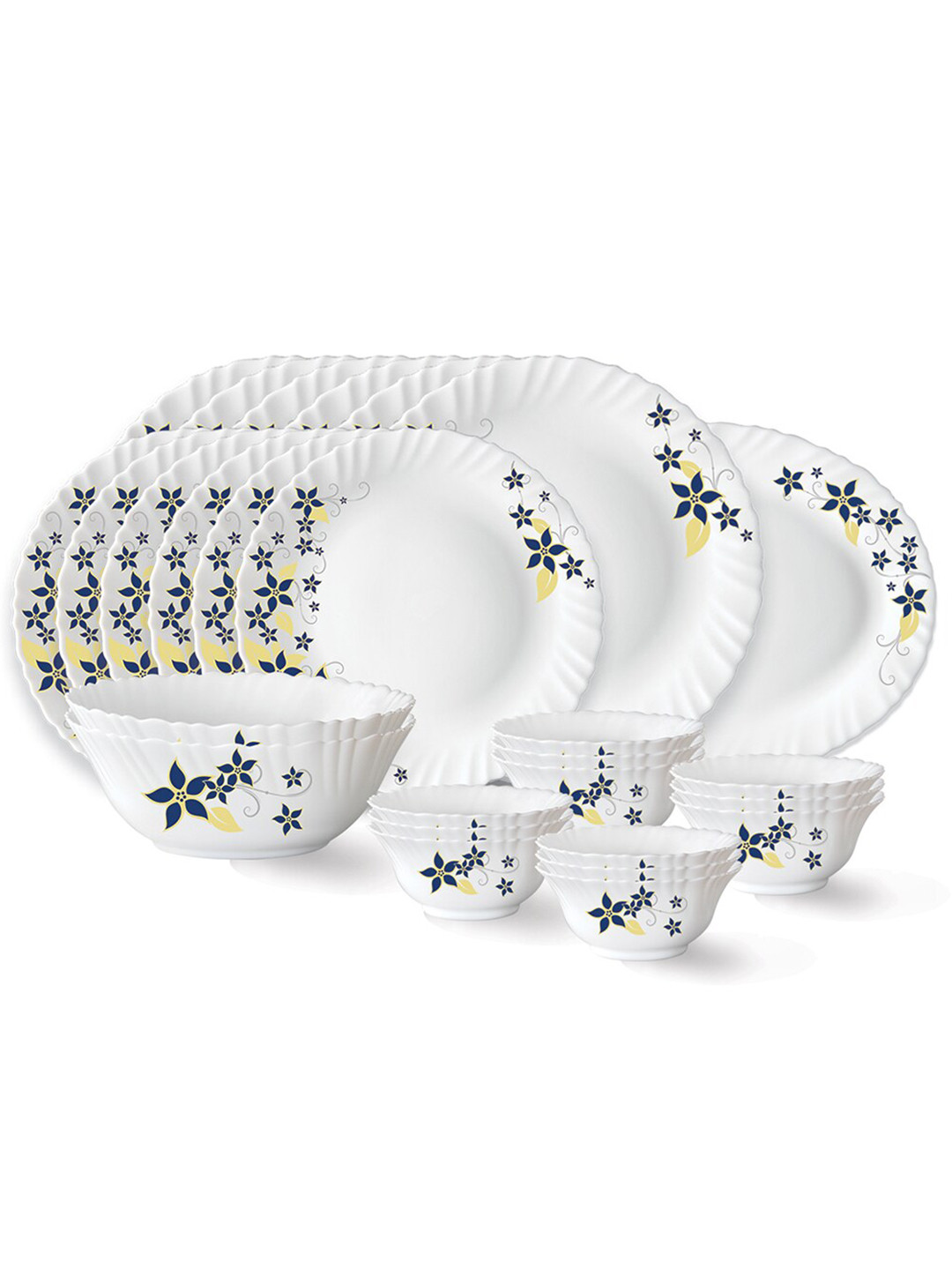 

Larah by BOROSIL Fluted White & Blue 27 Pieces Floral Printed Opalware Glossy Dinner Set