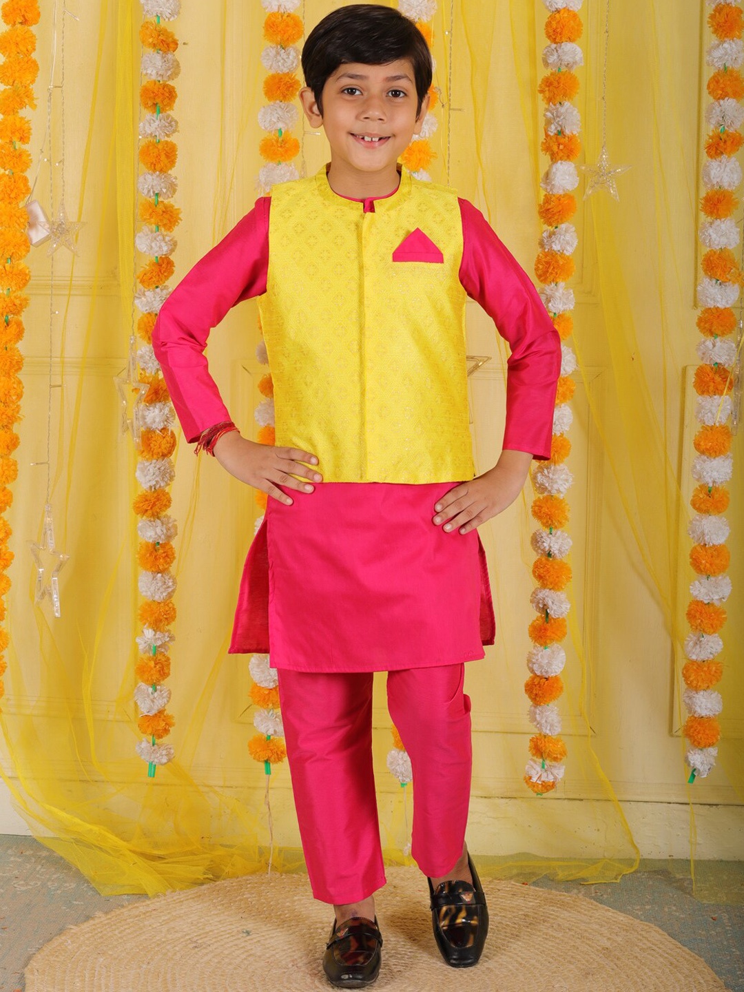 

Lil Peacock Boys Band Collar Straight Kurta with Pyjamas, Yellow