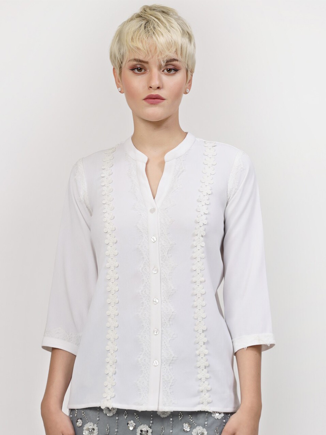 

LELA Lace Insert Mandarin Collar Shirt Style Top, White