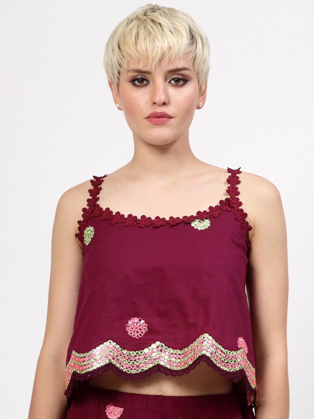 

LELA Geometric Embellished Cotton A-Line Crop Top, Maroon