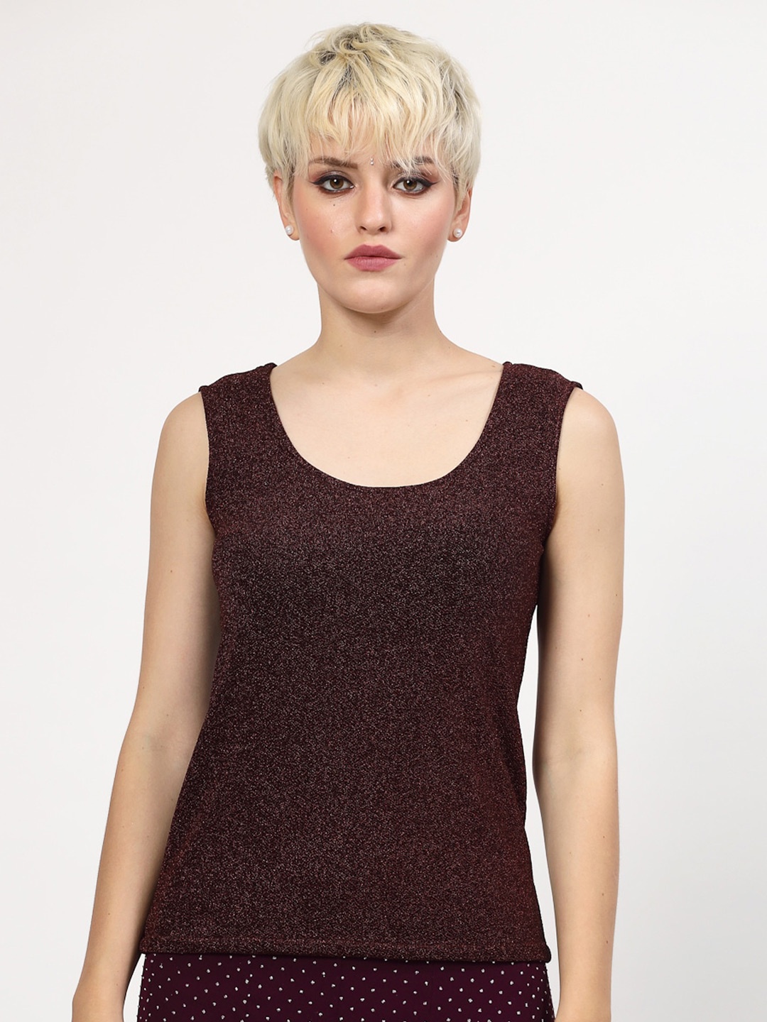 

LELA Self Design Scoop Neck Sleeveless Top, Brown