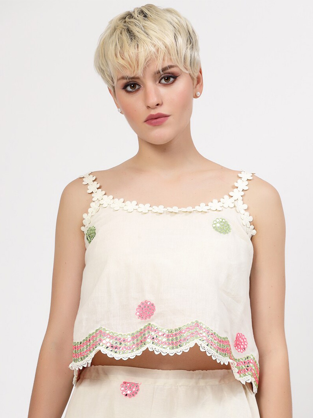 

LELA Floral Embroiderd Cotton Regular Crop Top, Off white