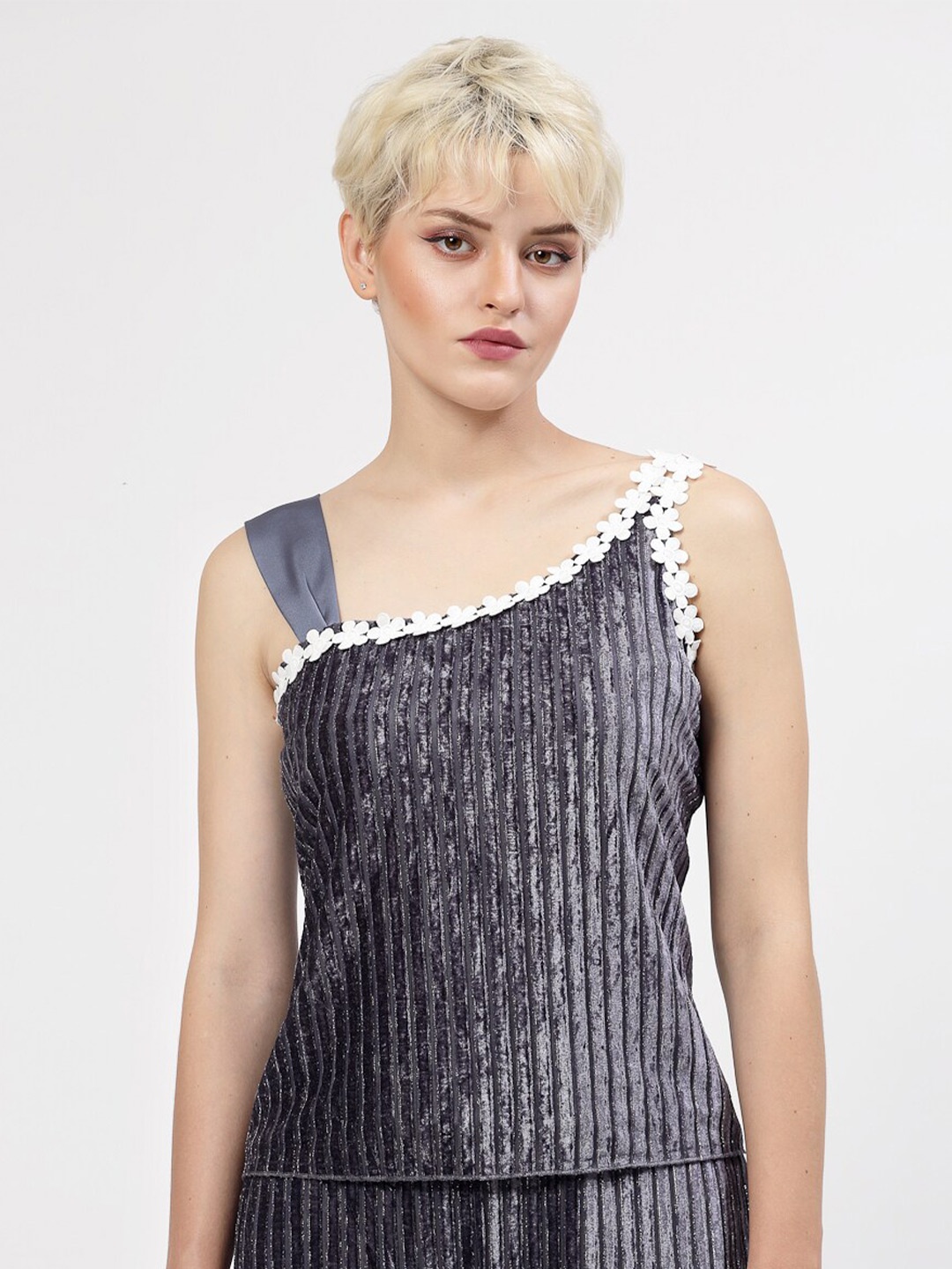 

LELA Self Design Shoulder Straps Velvet Top, Grey