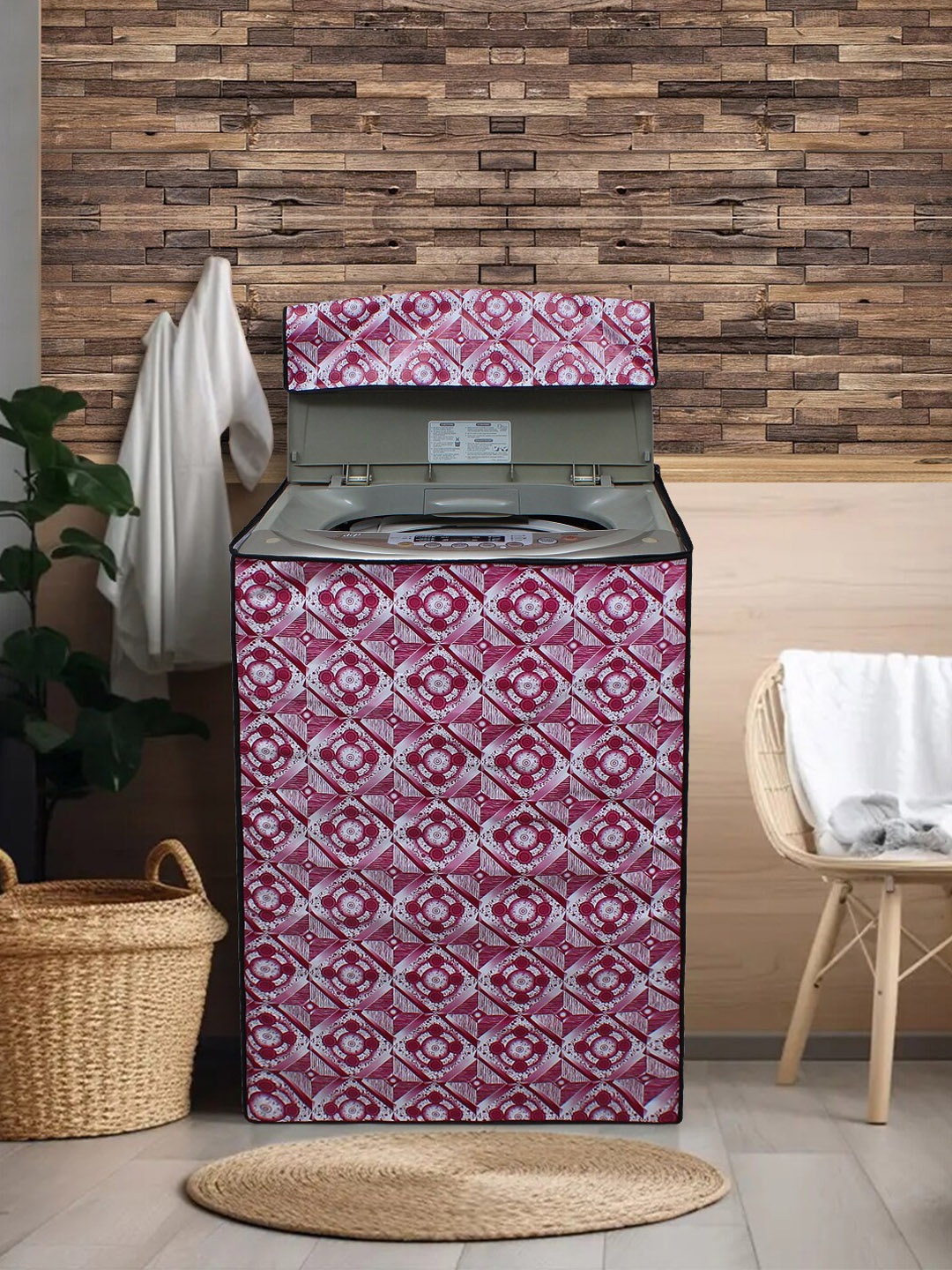 

DREAM CARE Pink & White Printed Waterproof & Dustproof Front Load Washing Machine Cover