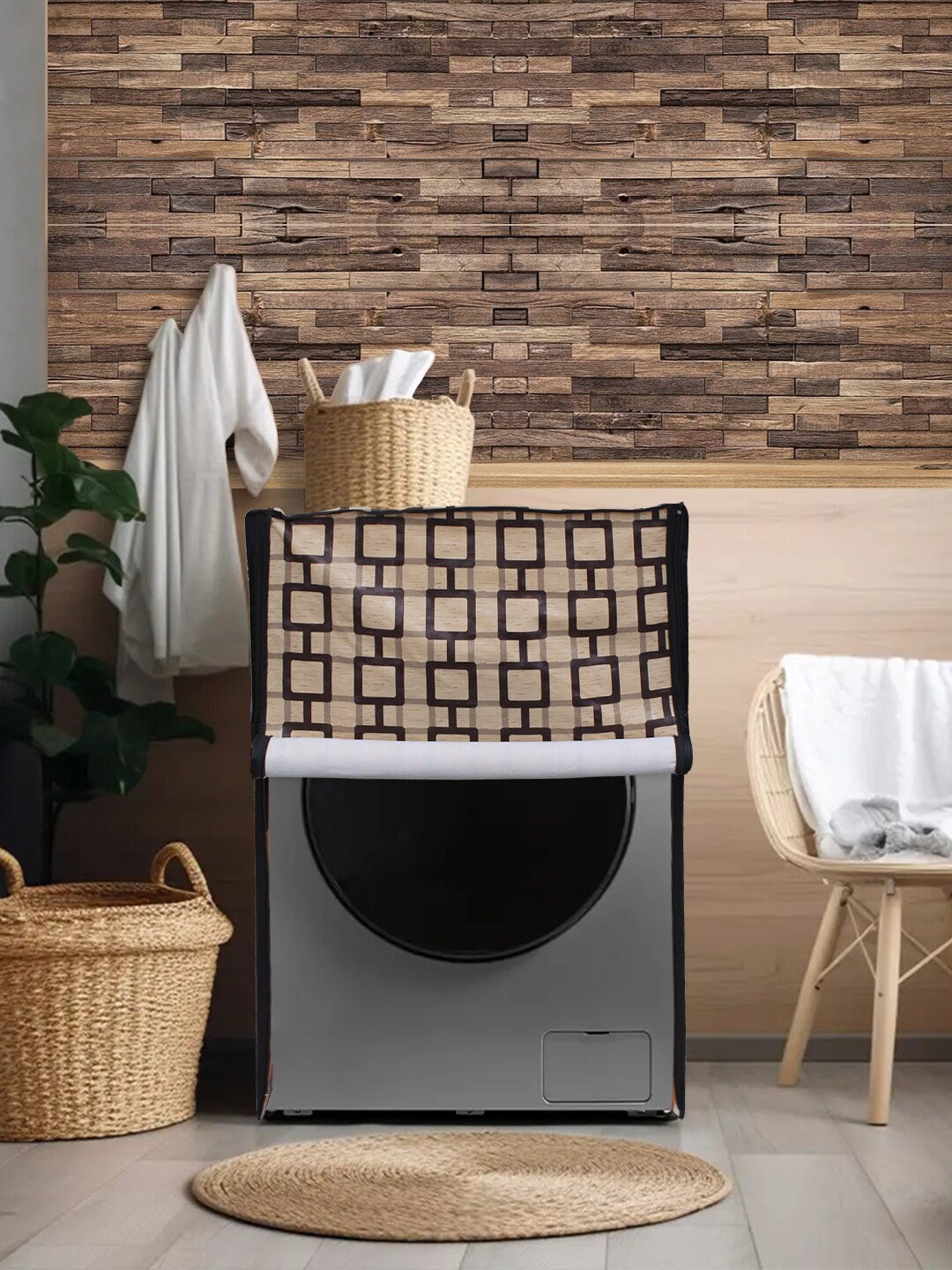 

DREAM CARE Black & Beige Printed Waterproof & Dustproof Front Load Washing Machine Cover