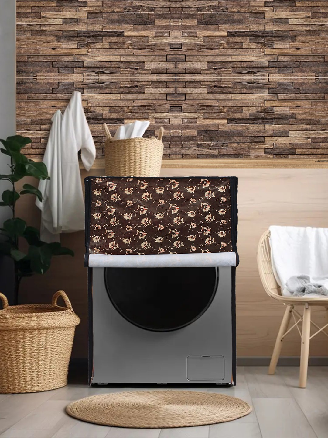 

DREAM CARE Brown & Beige Printed Washing Machine Cover