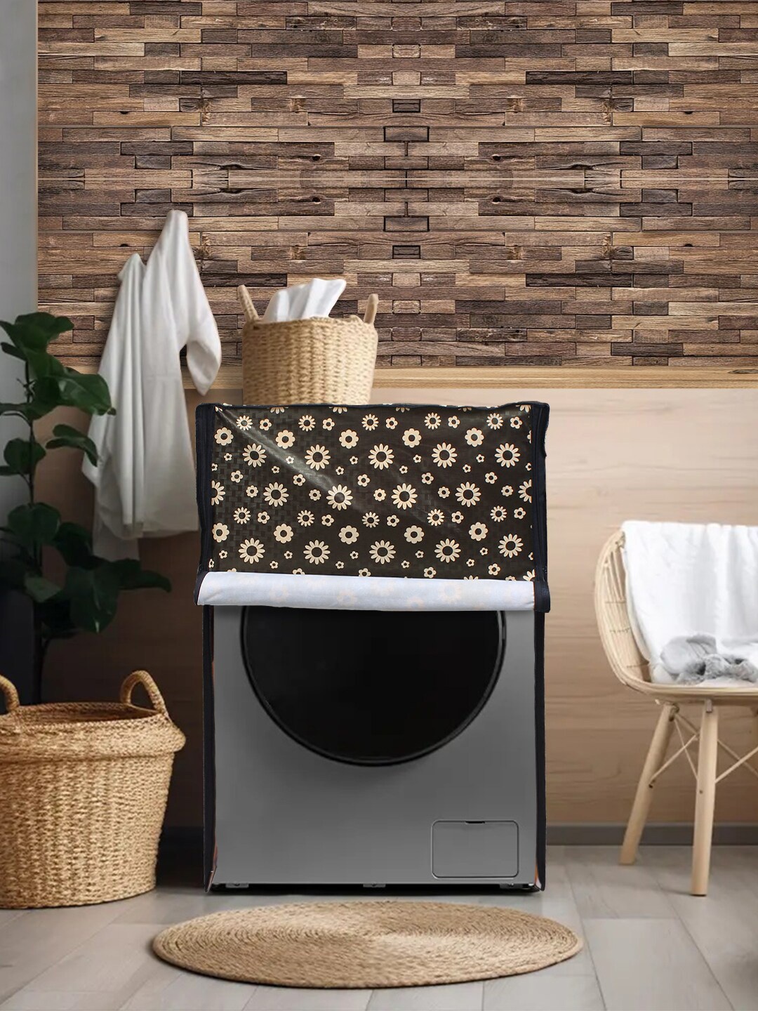 

DREAM CARE Brown & Yellow Printed Waterproof & Dustproof Front Load Washing Machine Cover