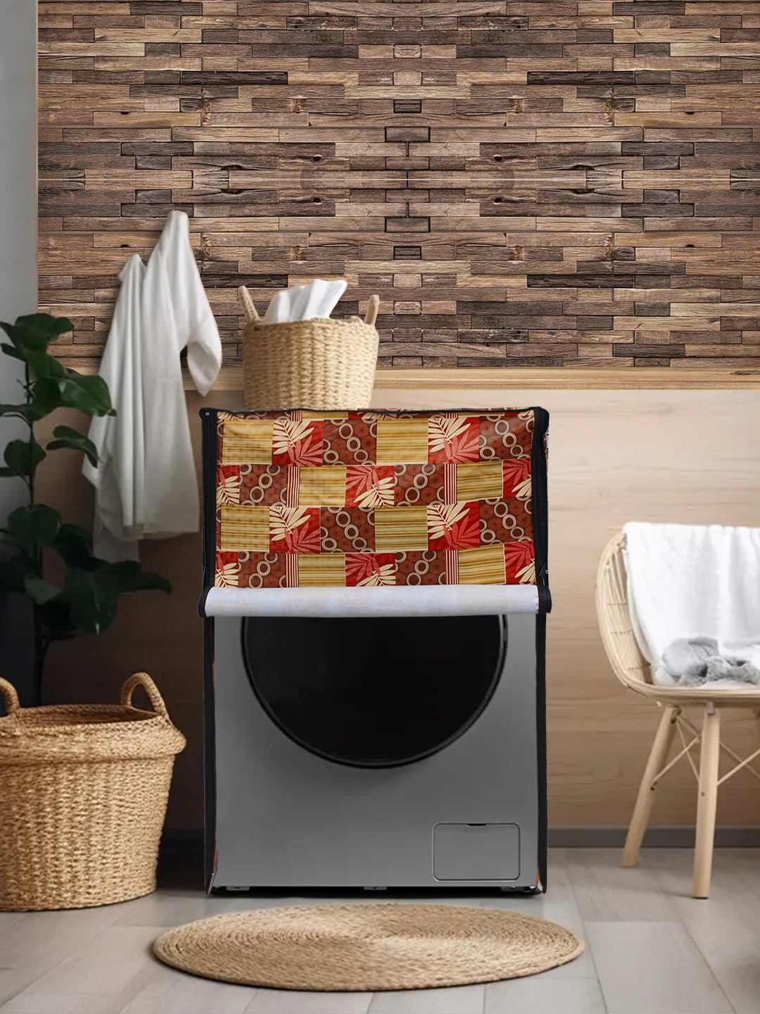 

DREAM CARE Beige & Maroon Print Waterproof and Dustproof Front Load Washing Machine Cover