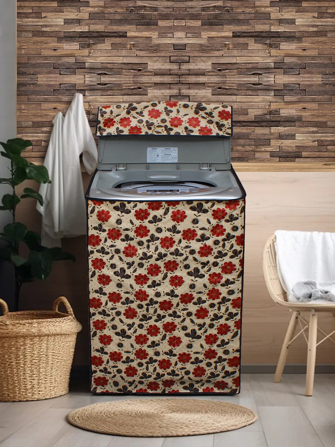 

DREAM CARE Red & Beige Printed Waterproof & Dustproof Washing Machine Cover