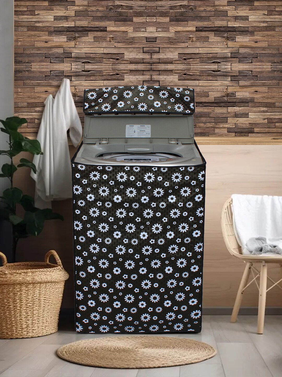 

DREAM CARE Blue Floral Printed Waterproof & Dustproof Top Load Washing Machine Covers, Black