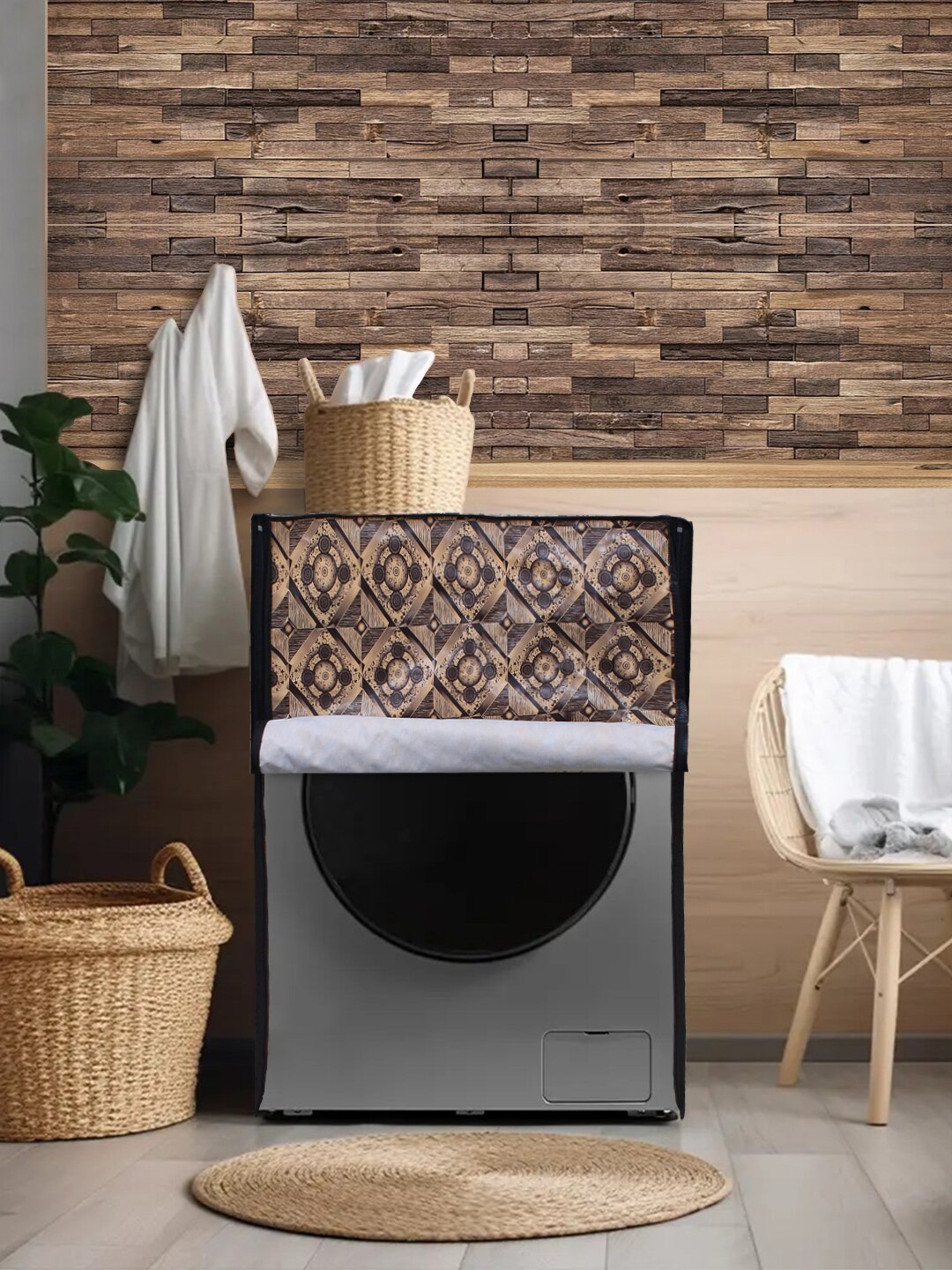 

DREAM CARE Black & Beige Printed Waterproof & Dustproof Front Load Washing Machine Cover