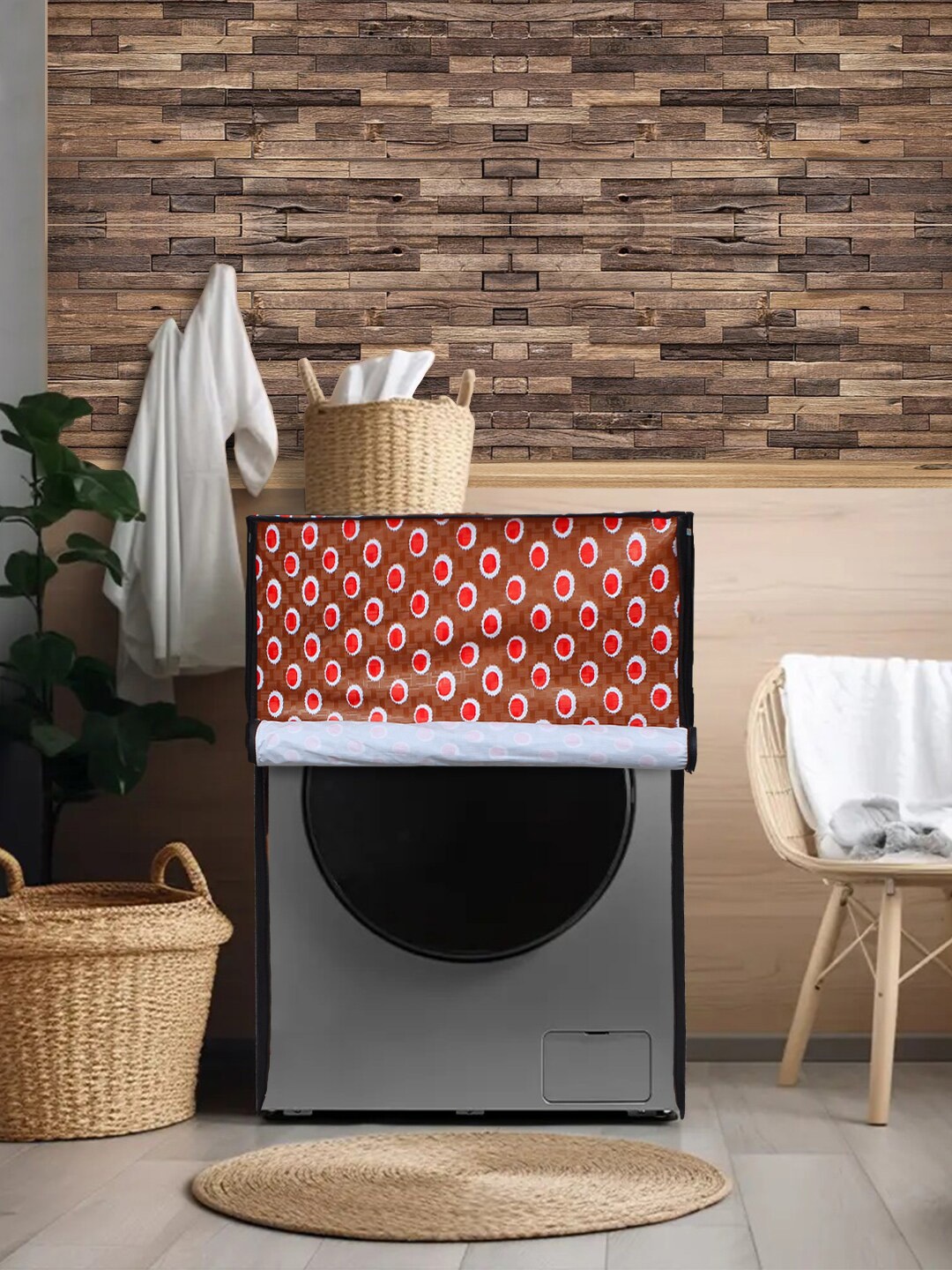 

DREAM CARE Brown & Red Printed Waterproof & Dustproof Front Load Washing Machine Cover