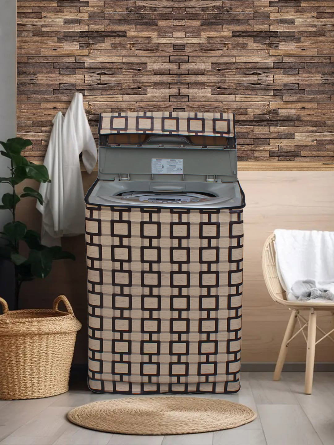 

DREAM CARE Black & Beige Printed Waterproof Top Load Washing Machine Cover