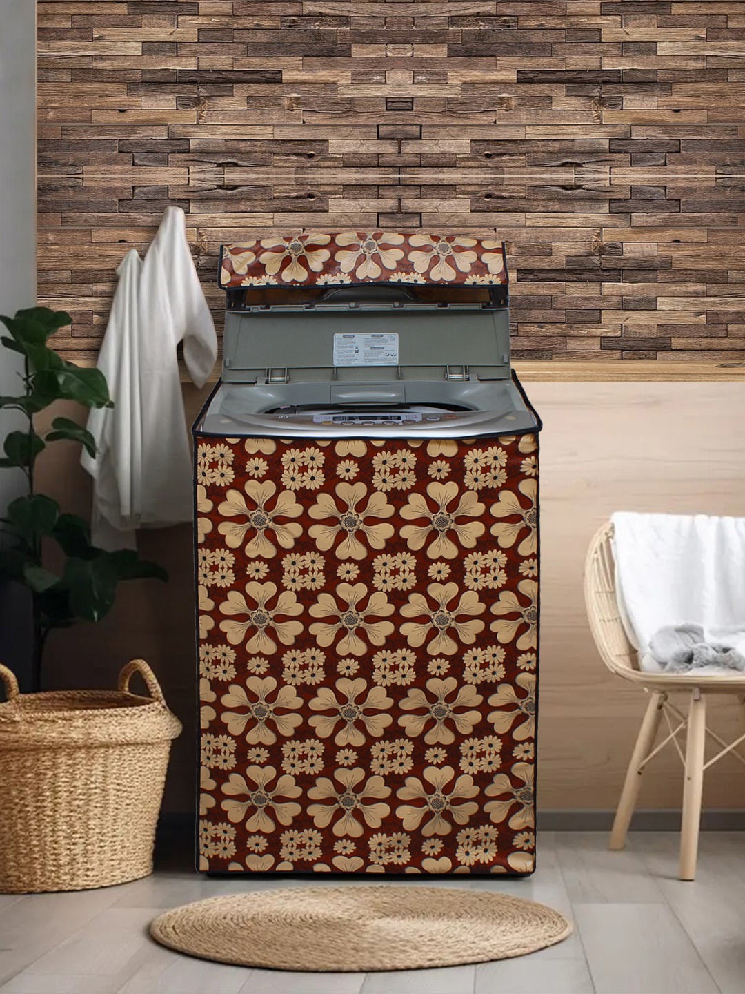 

DREAM CARE White & Beige Printed Waterproof & Dustproof Washing Machine Cover, Red