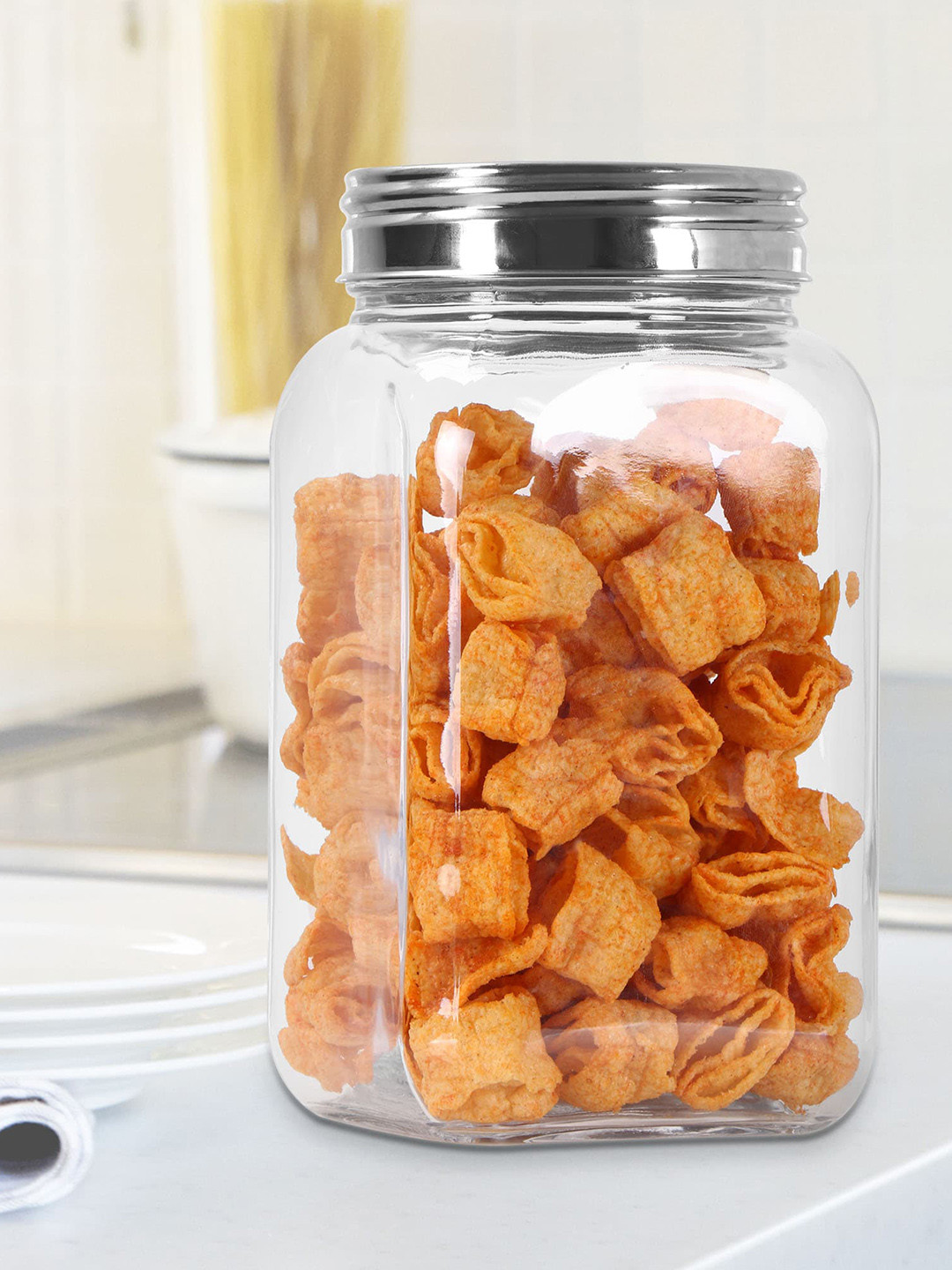 

Treo Transparent Square Glass Storage Jar With Steel Lid 1700 ml
