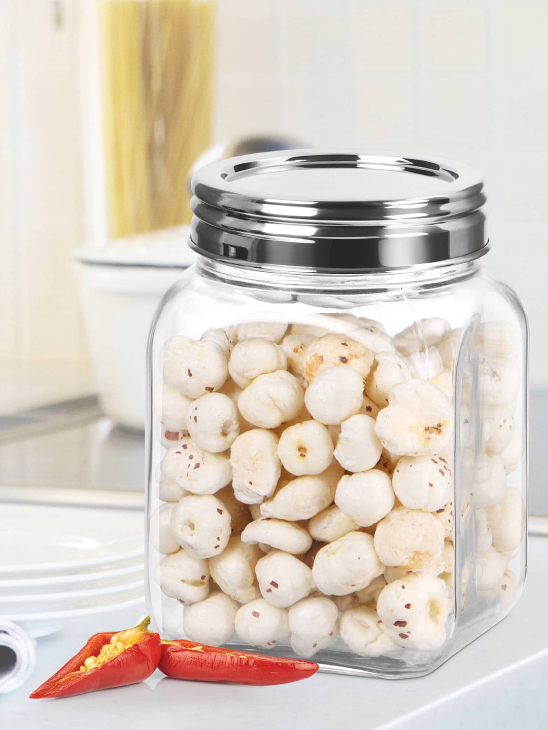 

Treo Transparent Square Glass Storage Jar With Steel Lid 1300 ml