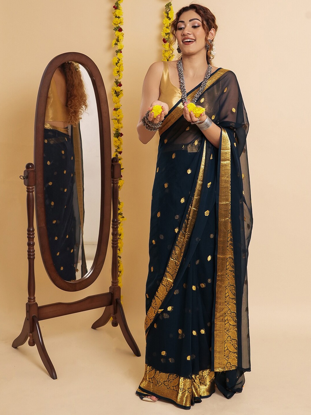 

TEEJH Ethnic Motifs Woven Design Zari Saree, Navy blue