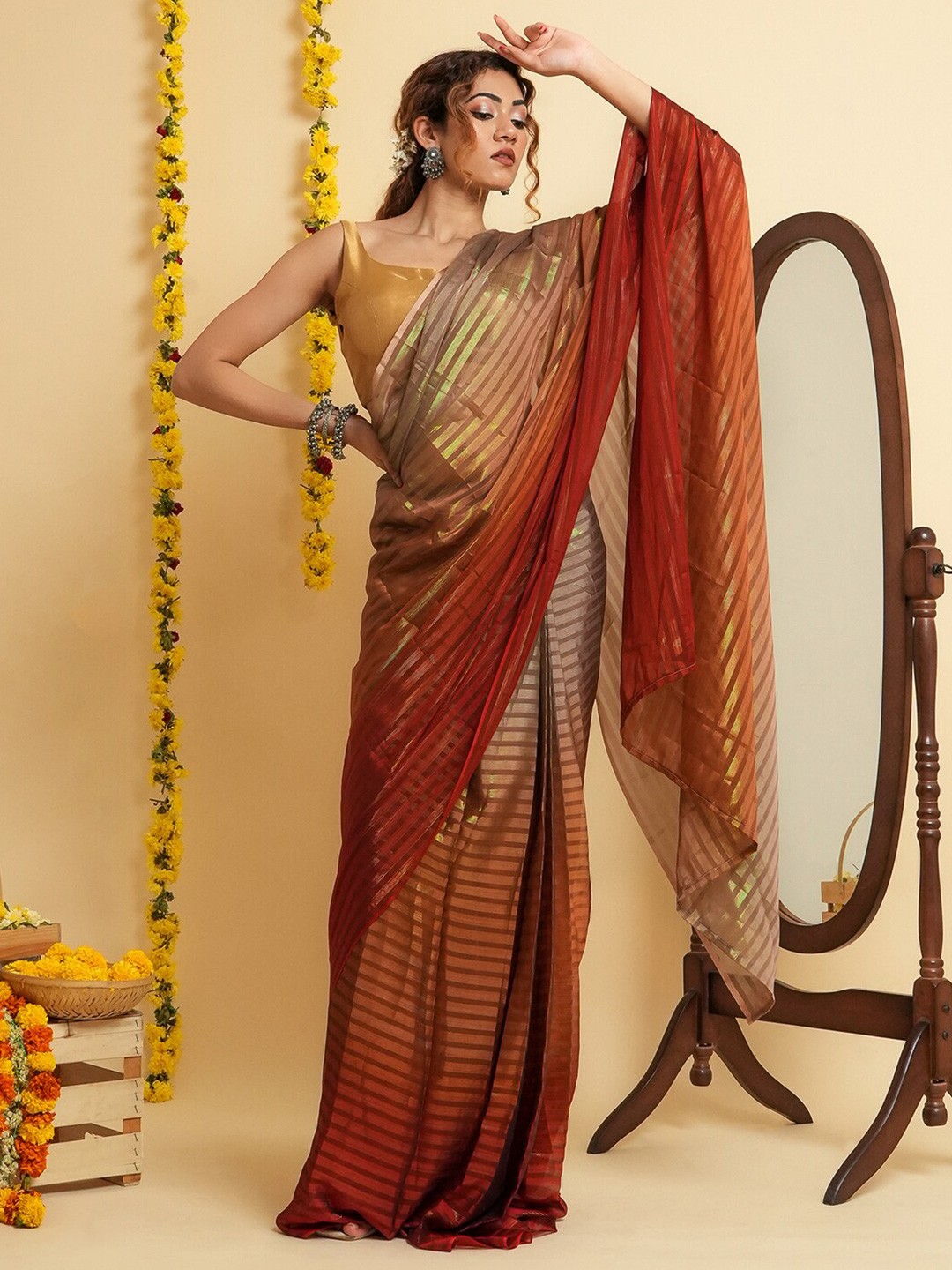 

TEEJH Striped Zari Satin Ready to Wear Saree, Red