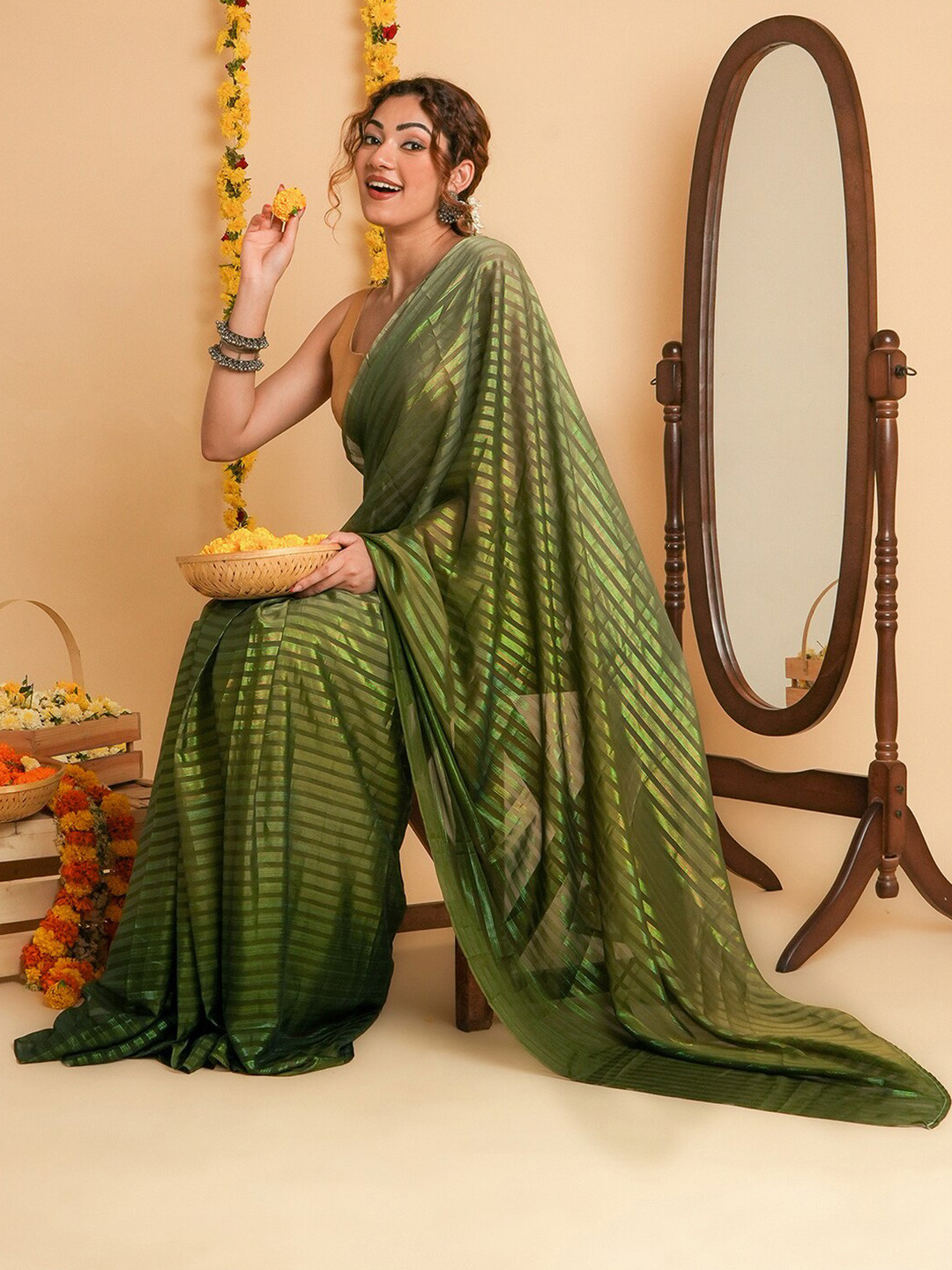 

TEEJH Striped Zari Satin Ready to Wear Saree, Green