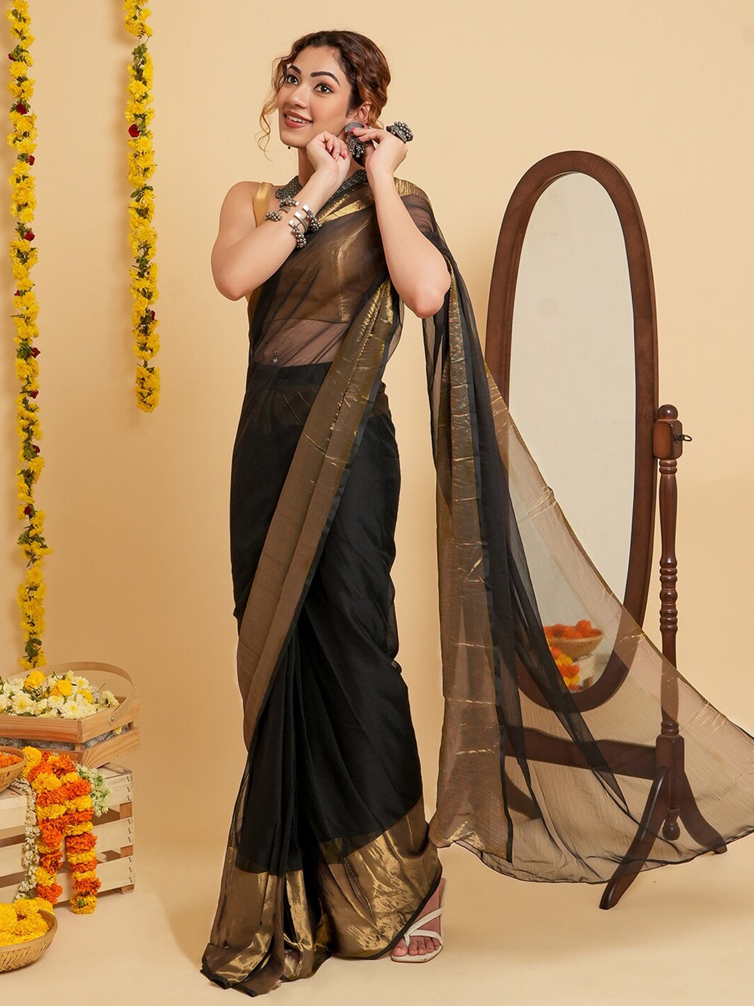 

TEEJH Zari Ready to Wear Saree, Black