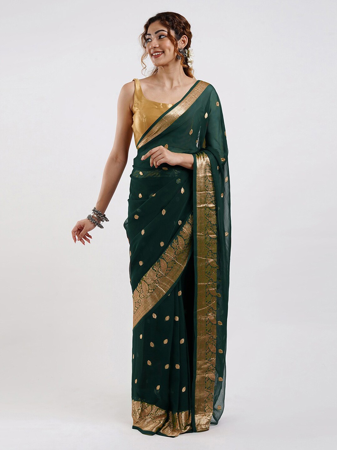 

TEEJH Woven Design Zari Ready to Wear Saree, Green