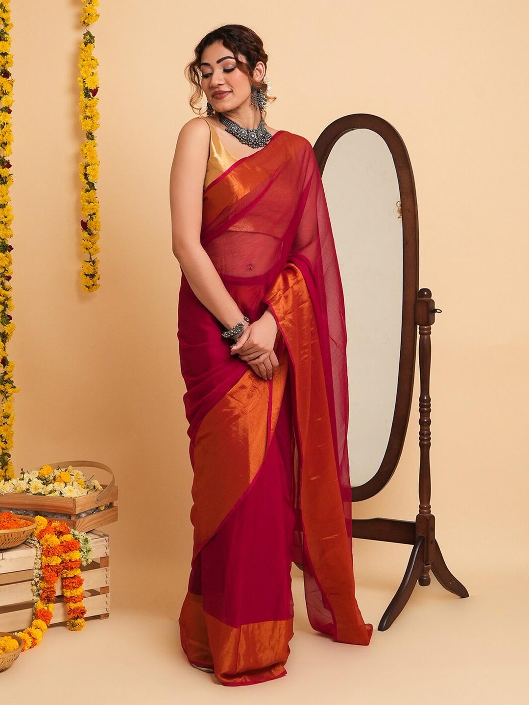 

TEEJH Zari Ready to Wear Saree, Pink