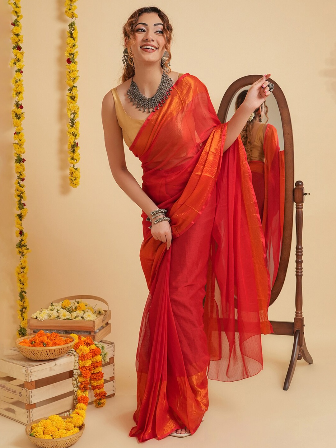 

TEEJH Zari Ready To Wear Saree, Red