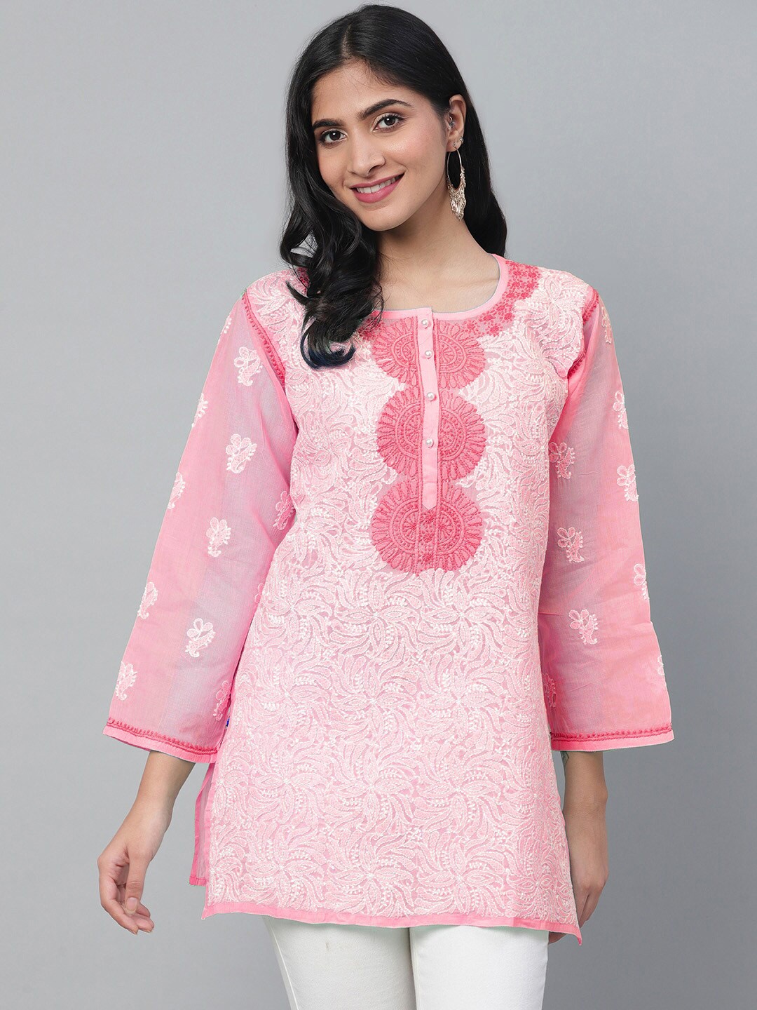 

ADA Floral Lucknowi Chikankari Round Neck Straight Pure Cotton Kurti, Pink