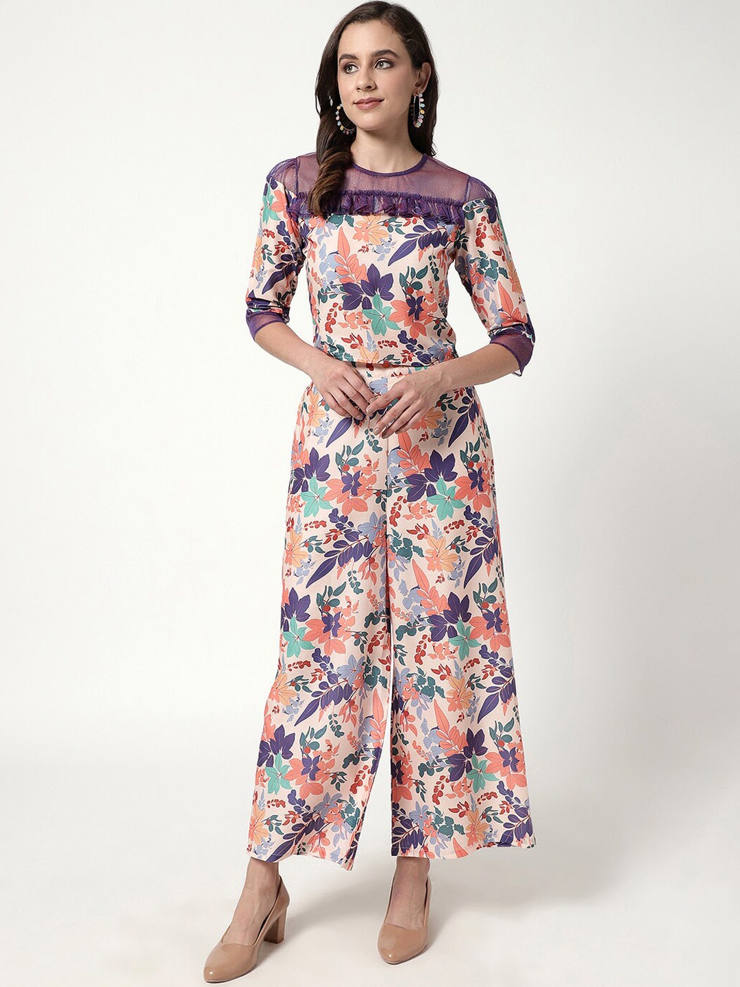 

Zima Leto Printed Crop Top With Palazzos, Beige