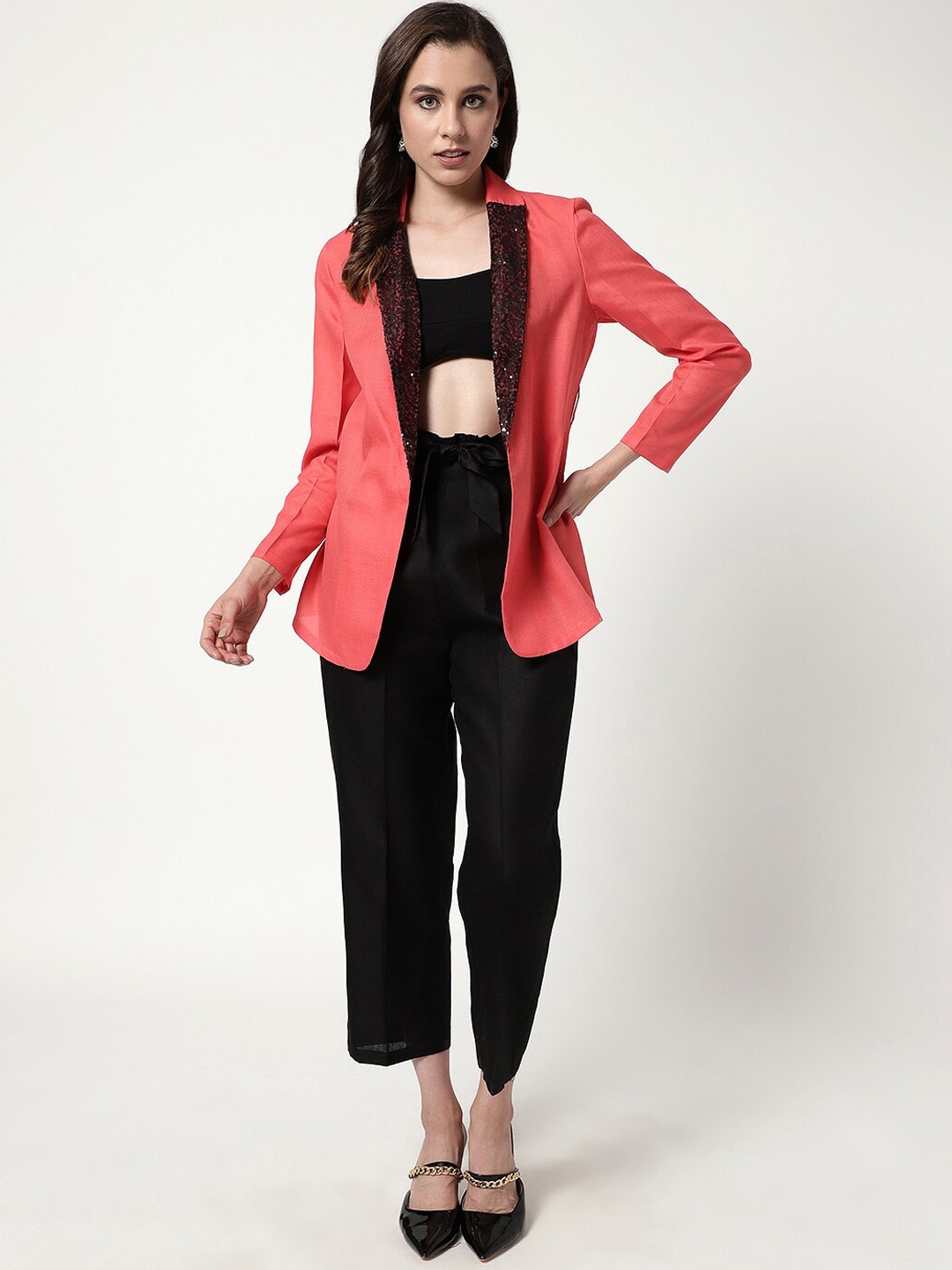 

Zima Leto Shirt Collar Sequinned Blazer With Flared Trouser, Coral