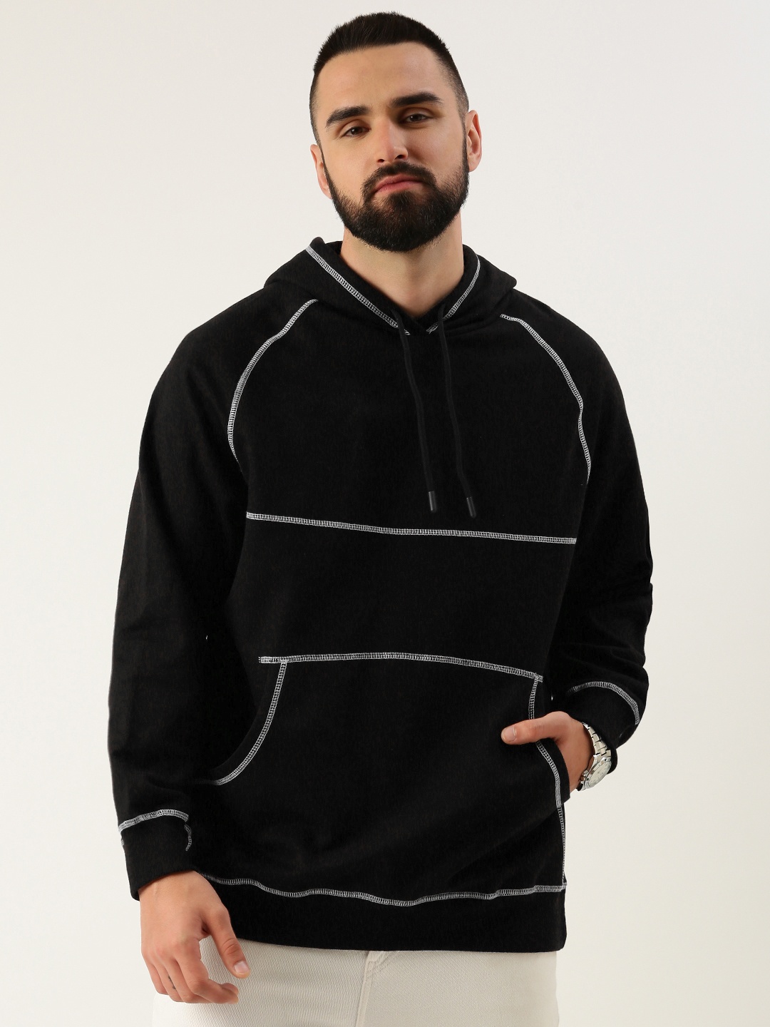 

Bene Kleed Hooded Sweatshirt With Contrast Stitch, Black