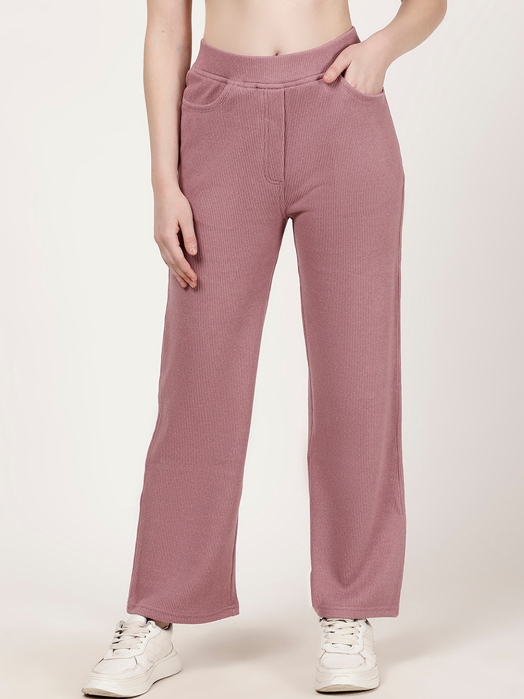 

FUTURO Women Textured Self Design Original Flared Corduroy Trousers, Coral