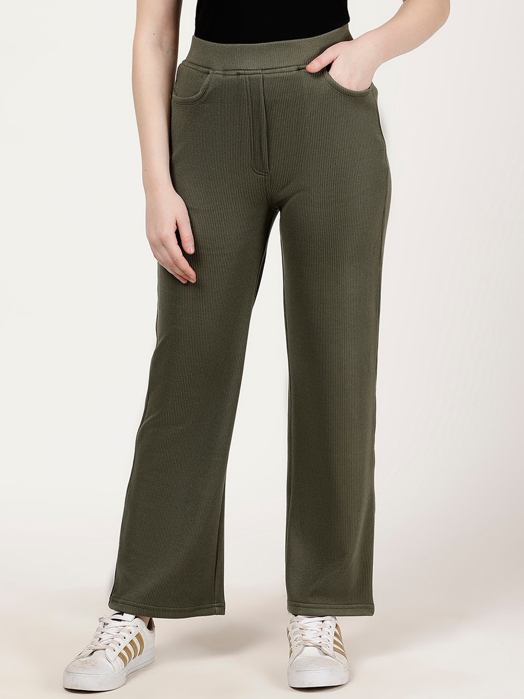 

FUTURO Women Textured Self Design Original Flared Corduroy Trousers, Olive