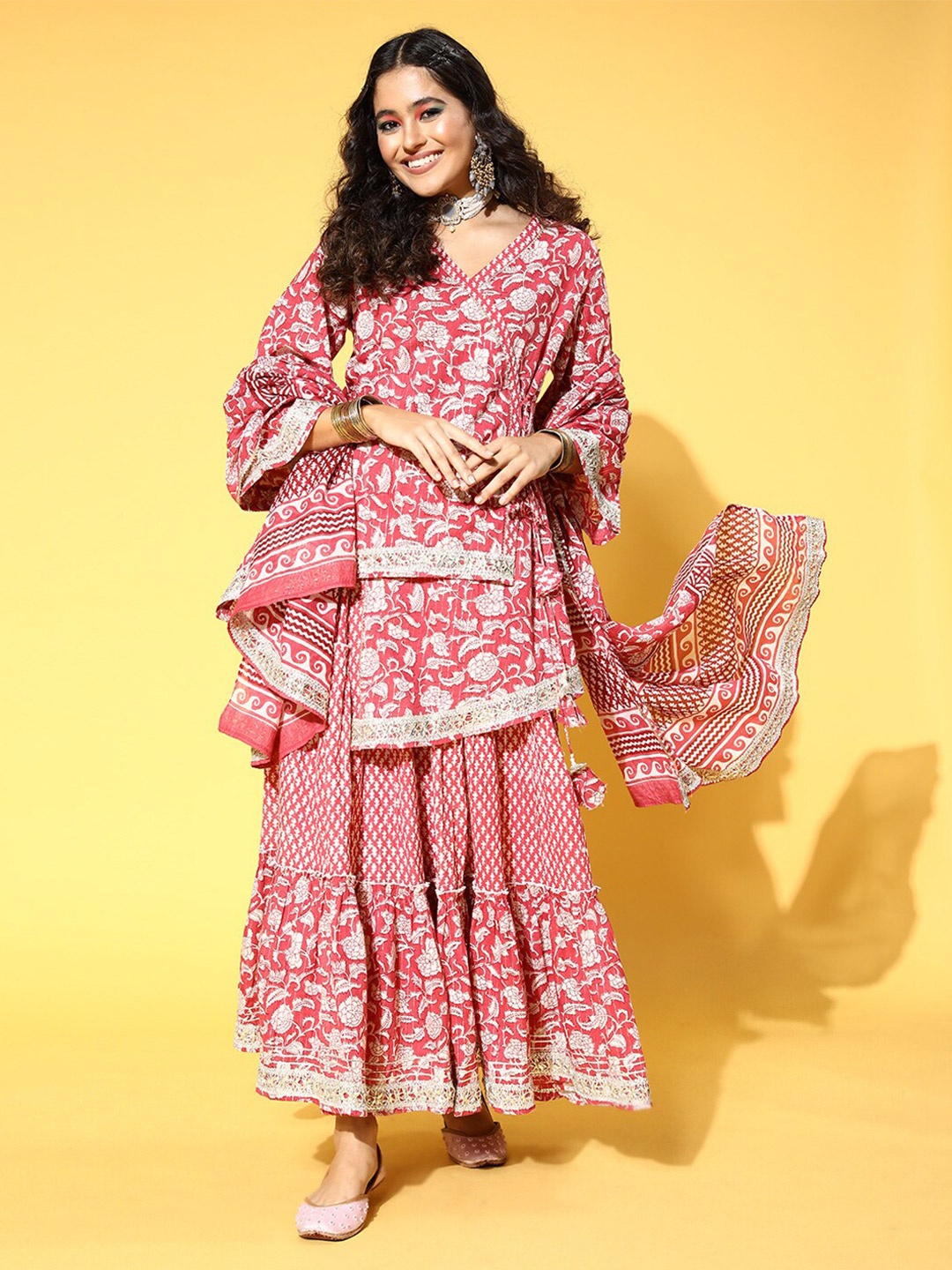

Yufta Floral Printed Angrakha Gotta Patti Pure Cotton Kurti With Skirt & Dupatta, Peach