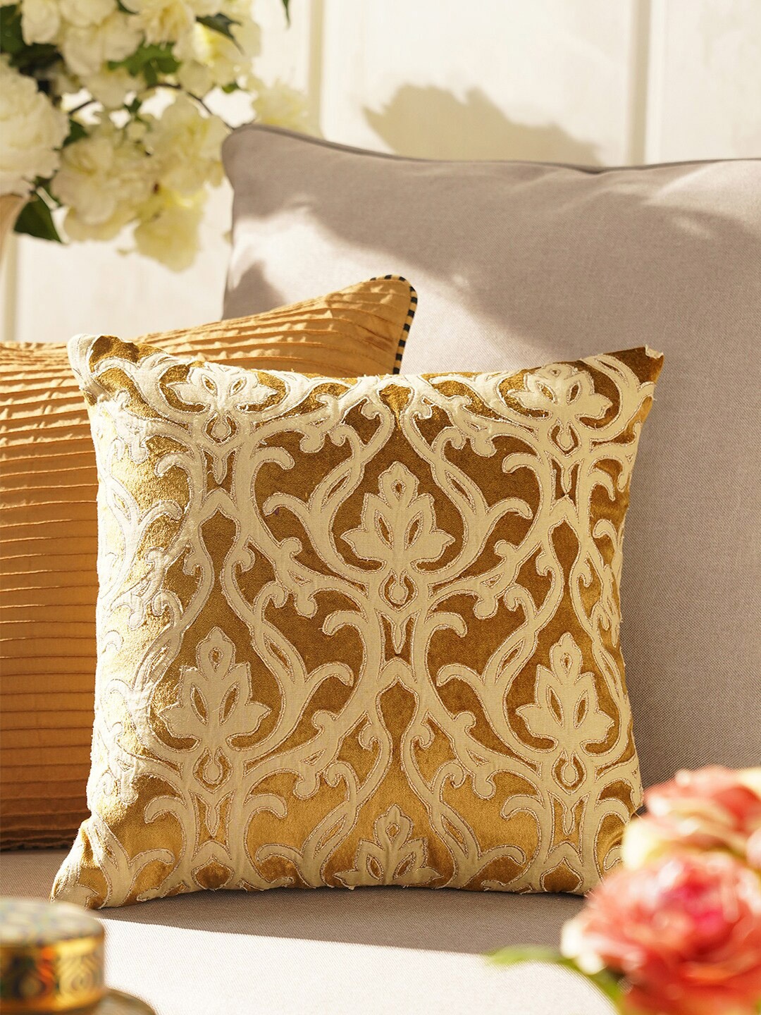 

Pure Home and Living Gold-Toned Cotton Embroidered Square Cushion Cover
