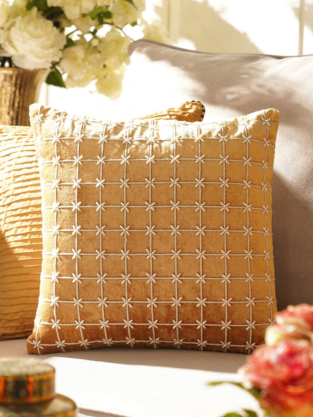 

Pure Home and Living Gold-Toned & White Embroidered Cotton Square Cushion Cover