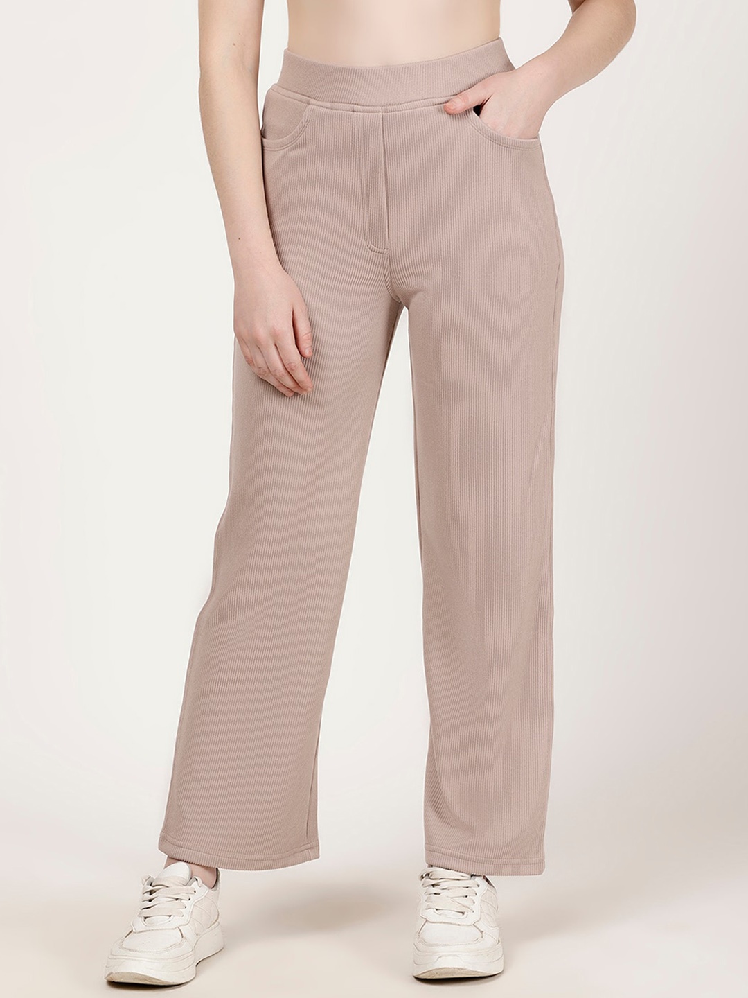 

FUTURO Women Textured Self Design Original Flared Corduroy Trousers, Beige