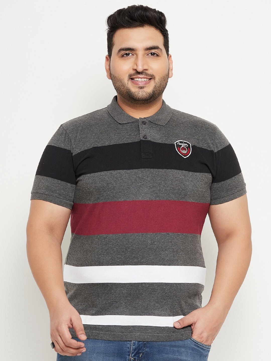 

AUSTIVO Plus Size Striped Polo Collar Cotton T-shirt, Grey